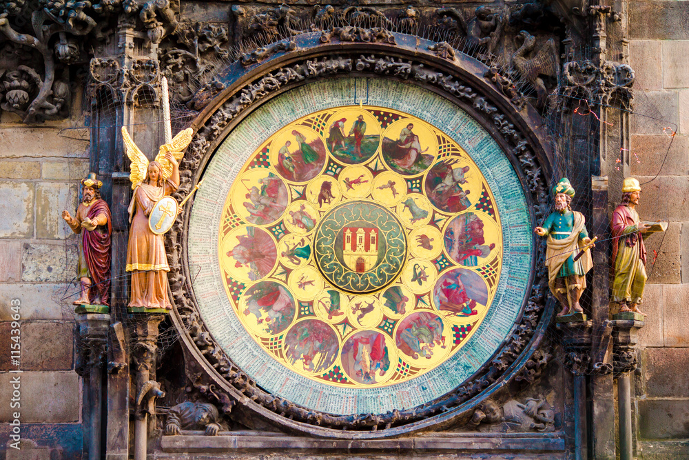 Astronomical Clock Orloj closeup in Czech Republic, Europe. Vintage style. Prague clock tower detail. Famous attraction residents of Praga