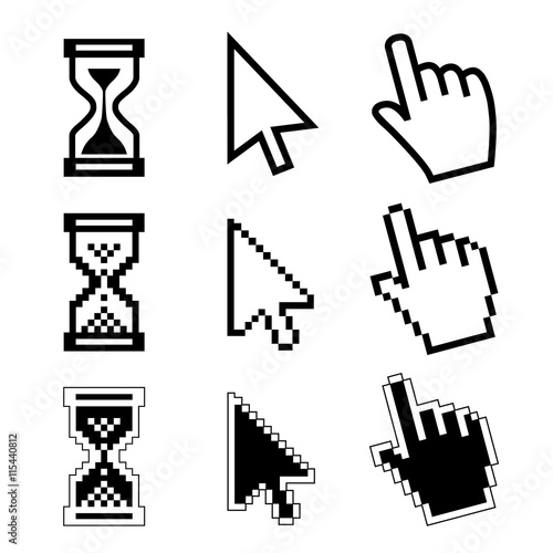 Vector icon hand, cursor and hourglass on white background.