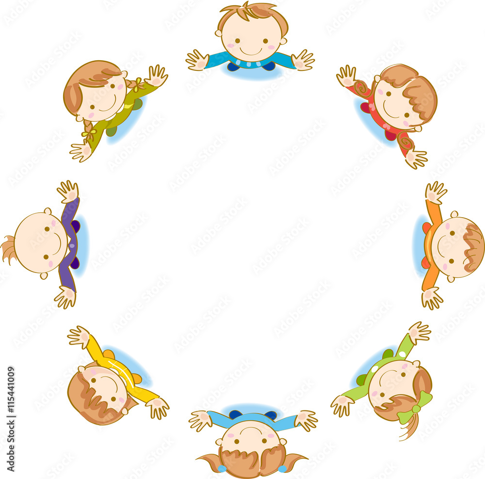 Fototapeta premium 輪になり手を振る子供パステルカラー