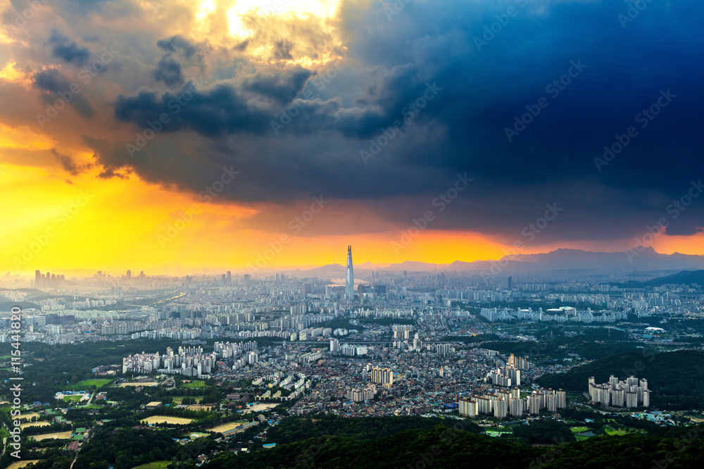 Sunset and beautiful sky at Lotte world mall in Seoul,South Kore
