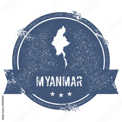 Myanmar mark. Travel rubber stamp with the name and map of Myanmar, vector illustration. Can be used as insignia, logotype, label, sticker, or badge of the country.
