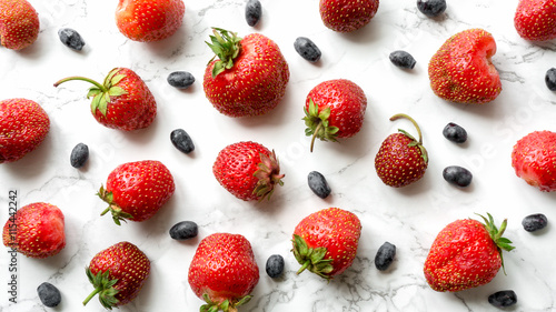 Strawberry and blue berry on marble background. Top view. Wide format