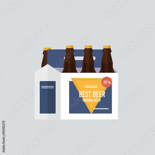 Beer bottles in a cardboard box with a handle.Beer packaging. Flat vector