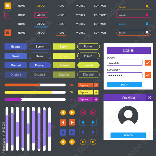 Flat Mobile Web UI Kit with buttons state. Menu variations. Web Mobile design elements.
