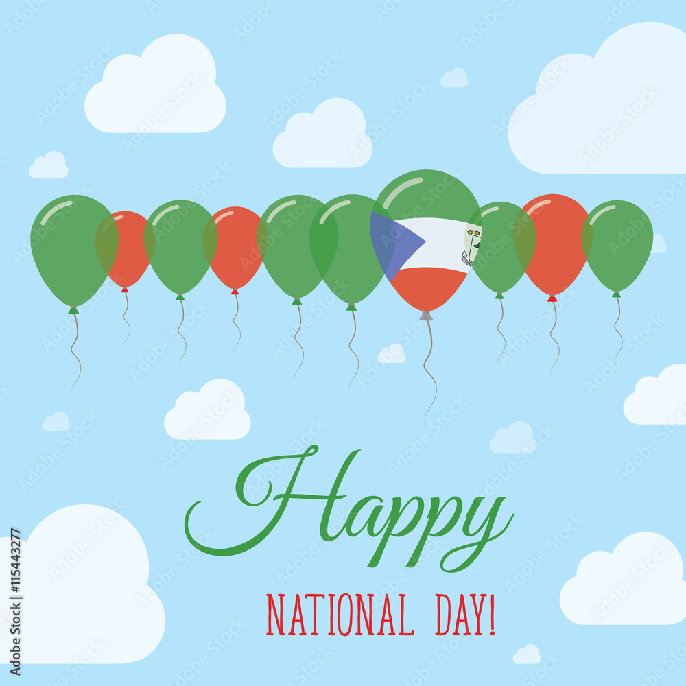 Naklejka premium Equatorial Guinea National Day Flat Patriotic Poster. Row of Balloons in Colors of the Equatorial Guinean flag. Happy National Day Card with Flags, Balloons, Clouds and Sky.