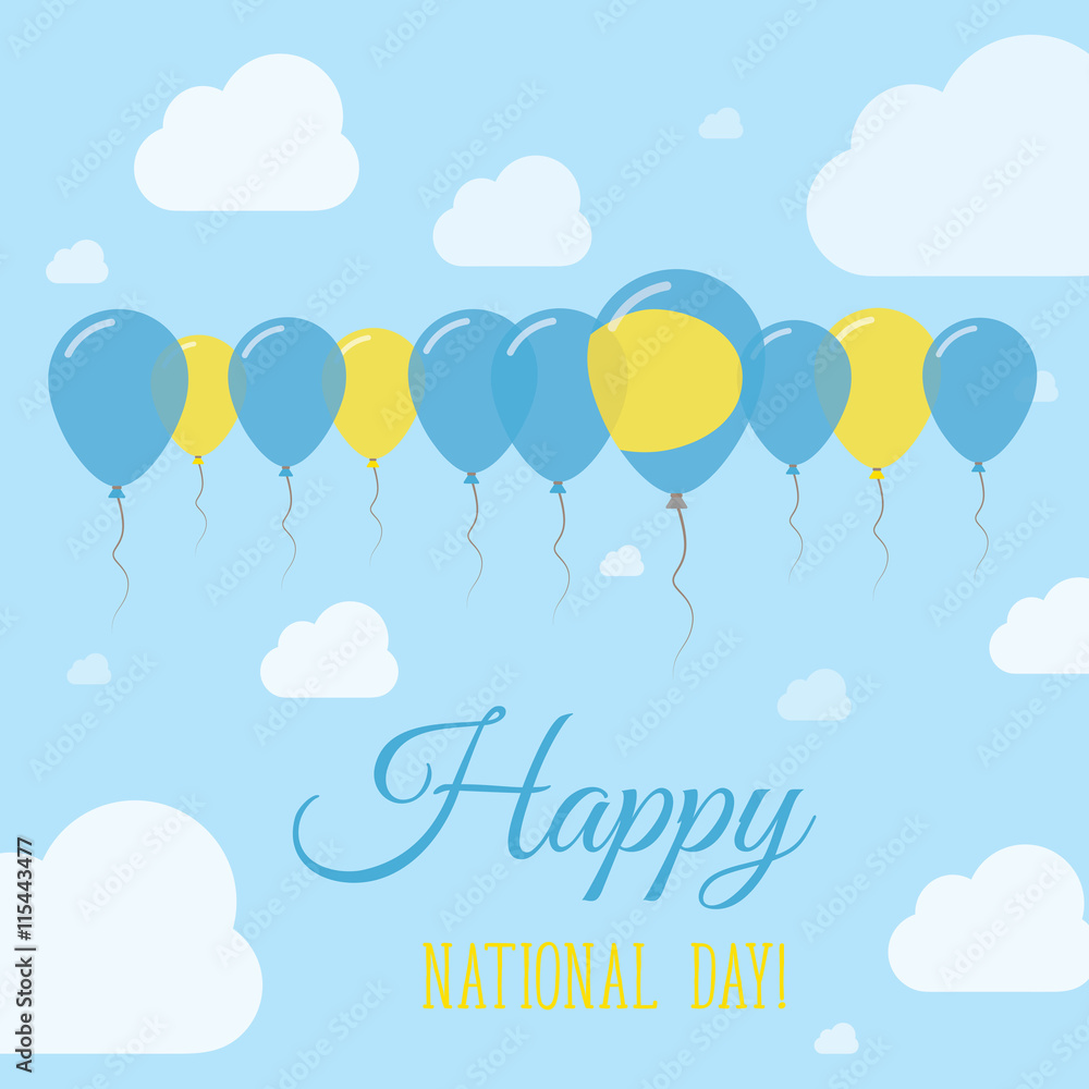 Palau National Day Flat Patriotic Poster. Row of Balloons in Colors of the Palauan flag. Happy National Day Card with Flags, Balloons, Clouds and Sky.