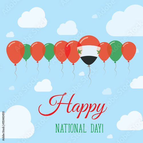 Syrian Arab Republic National Day Flat Patriotic Poster. Row of Balloons in Colors of the Syrian flag. Happy National Day Card with Flags, Balloons, Clouds and Sky.