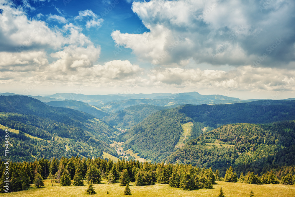 .Panoramic view from the tower Feldbergturm the mountains of the Black Forest .Germany
