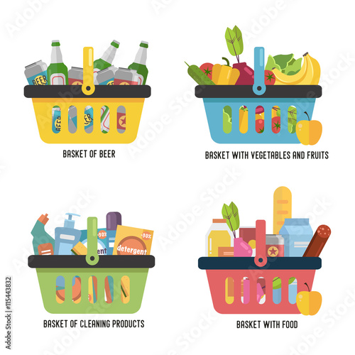 Set Full basket with different goods. Basket with food, beer, fruits and vegetables and household cleaning products. Flat vector icon.