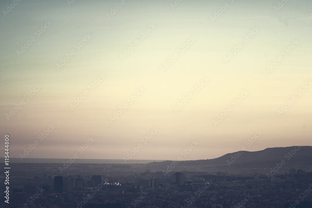 A bird view over city in sunset. Barcelona, Catalonia, Spain. Ni