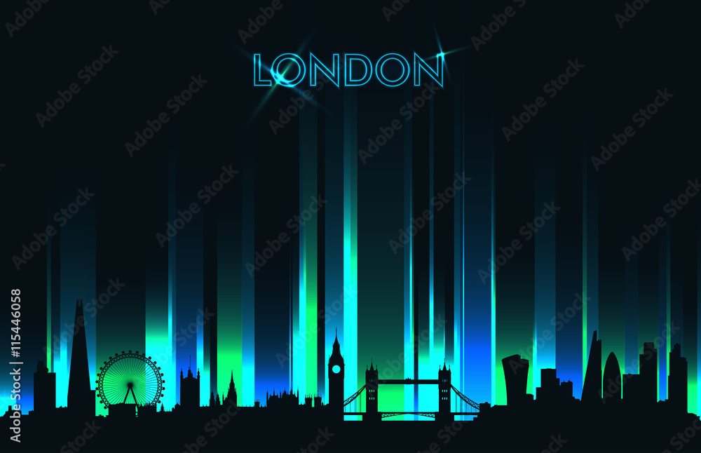 Fototapeta premium Neon London skyline detailed silhouette, vector illustration