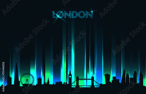 Neon London skyline detailed silhouette, vector illustration