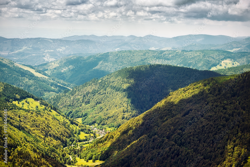 Fototapeta premium .Panoramic view from the tower Feldbergturm the mountains of the Black Forest .Germany