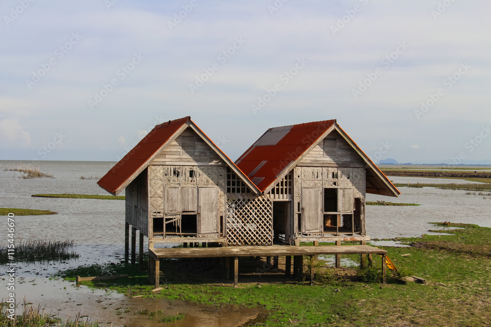 Abandoned house in Thale Noi lake at Phatthalung province,Thailand.
