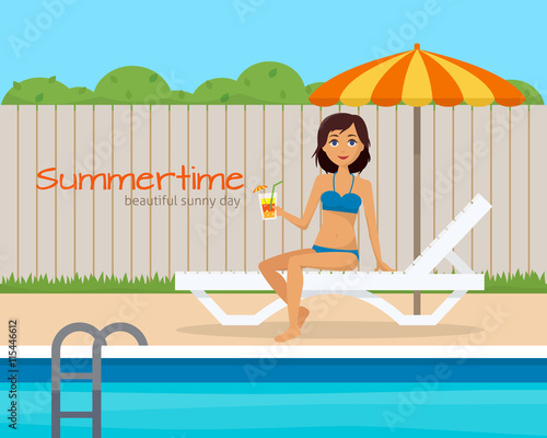 Girl in swimsuit on lounge near the pool