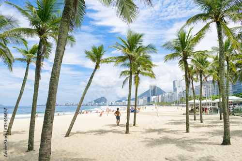 Scenic view of Copacabana Beach through palm trees from the Leme neighborhood in Rio de Janeiro, Brazil © lazyllama