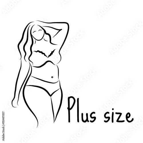 Plus size model woman sketch. Hand drawing style. Fashion logo with overweight. Curvy body icon design. Vector illustration