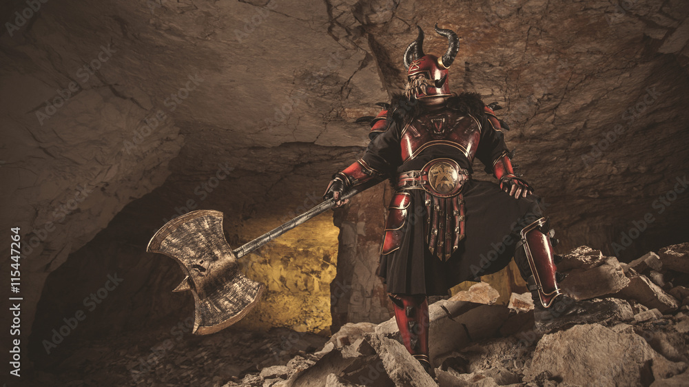 Naklejka premium Attack of powerful knight in heavy armor on the dungeon backgrou