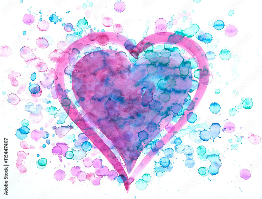 Pink and blue heart with paint splashes watercolor painting