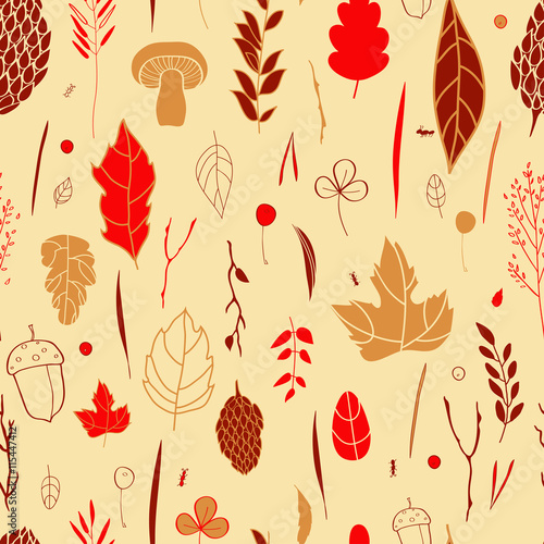 Vector seamless pattern with leaf, berries, blades of grass, autumn elements and templates. ocher, red, brown background. autumn hipster background. Bright pattern. Autumn template.