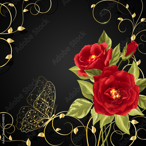 Bouquet of red roses with gold buttetfly