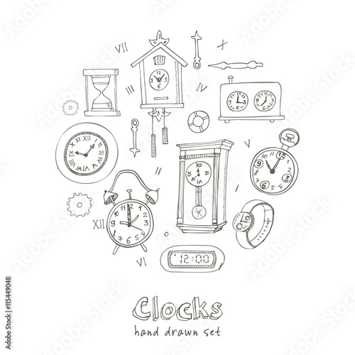 Set of doodle sketch clocks and watches