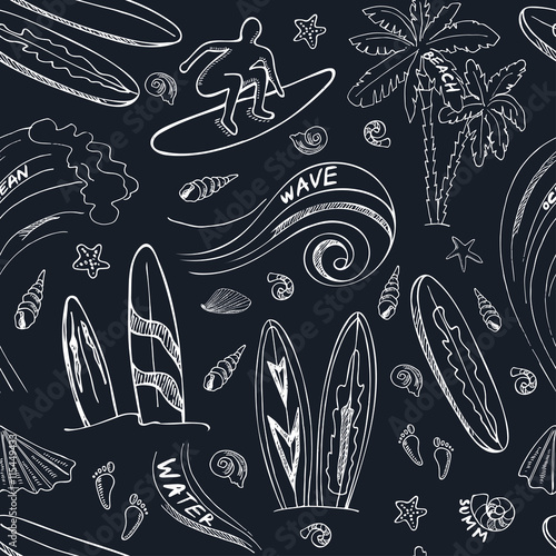 Canvas Print seamless pattern with doodle sketch Surfing sport icons