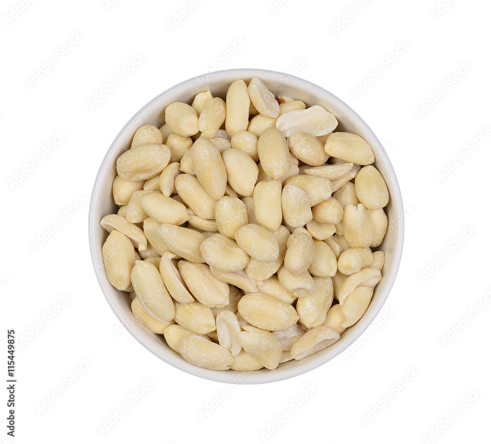 Top view peanuts peel off in white bowl isolated on white backgr Top view peanuts peel off in white bowl isolated on white backgr