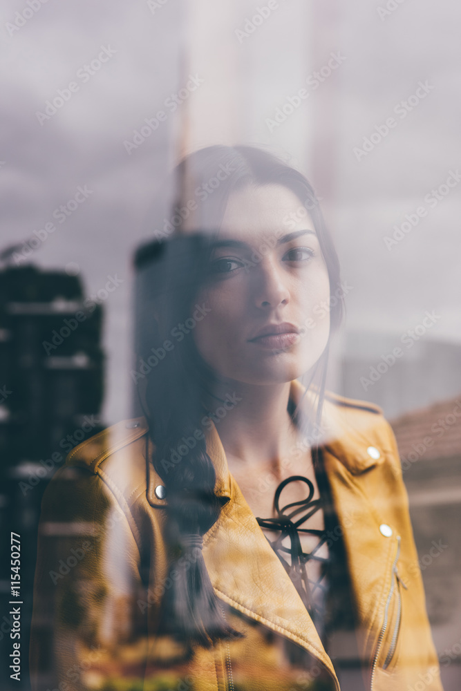 Fototapeta premium Double exposure of young beautiful caucasian brown hai rowman looking camera pensive - creative, thoughtful, thinking future concept