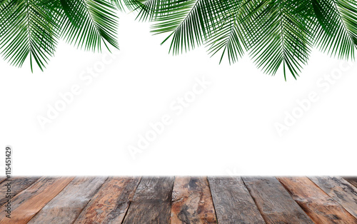 Old planks with plam leaves and white background Design for repl
