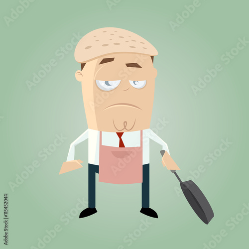 clumsy cartoon man with pancake on his head