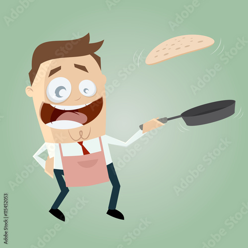 funny cartoon man flipping a pancake
