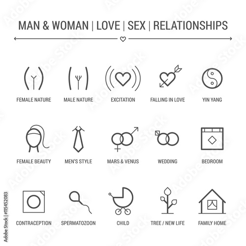 Man and woman. Love, sex, relationships. Icons set. Linear, black.