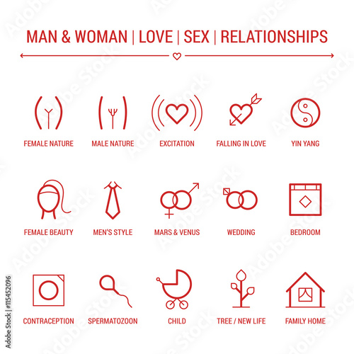 Man and woman. Love, sex, relationships. Icons set. Linear, red.