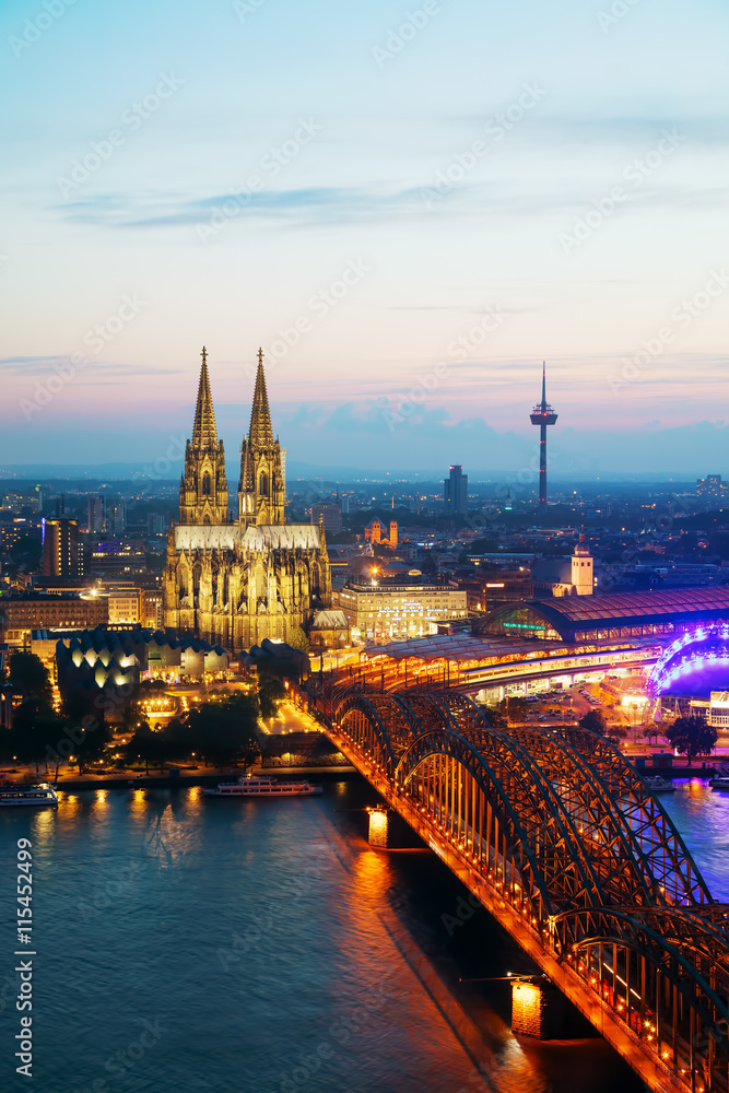 Cologne aerial overview after sunset