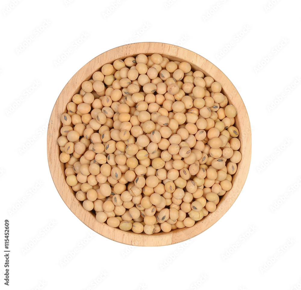 Top view, Soy bean in wood bowl on white background Top view, Soy bean in wood bowl on white background