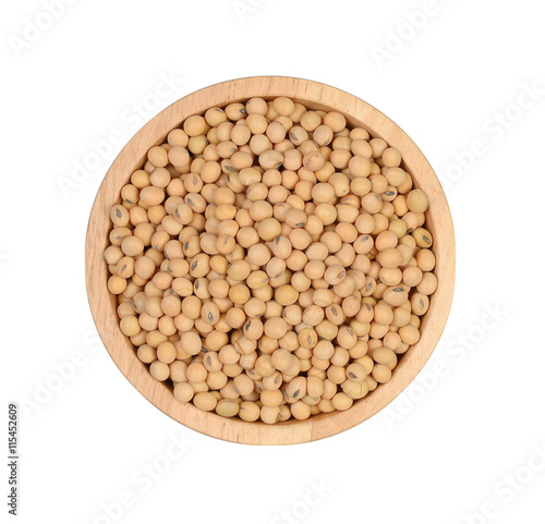 Top view, Soy bean in wood bowl on white background
