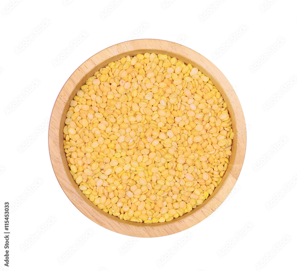 Top view peeled split mung bean in wood bowl isolated on white b Top view peeled split mung bean in wood bowl isolated on white b