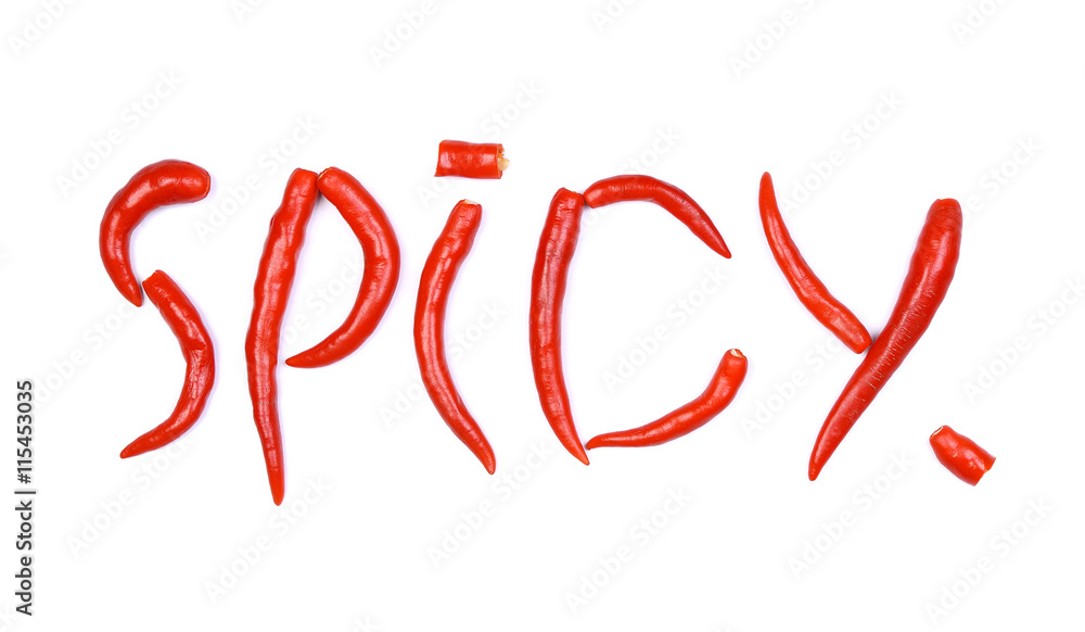 Spicy word made from ripe red chilli peppers on white background Spicy word made from ripe red chilli peppers on white background