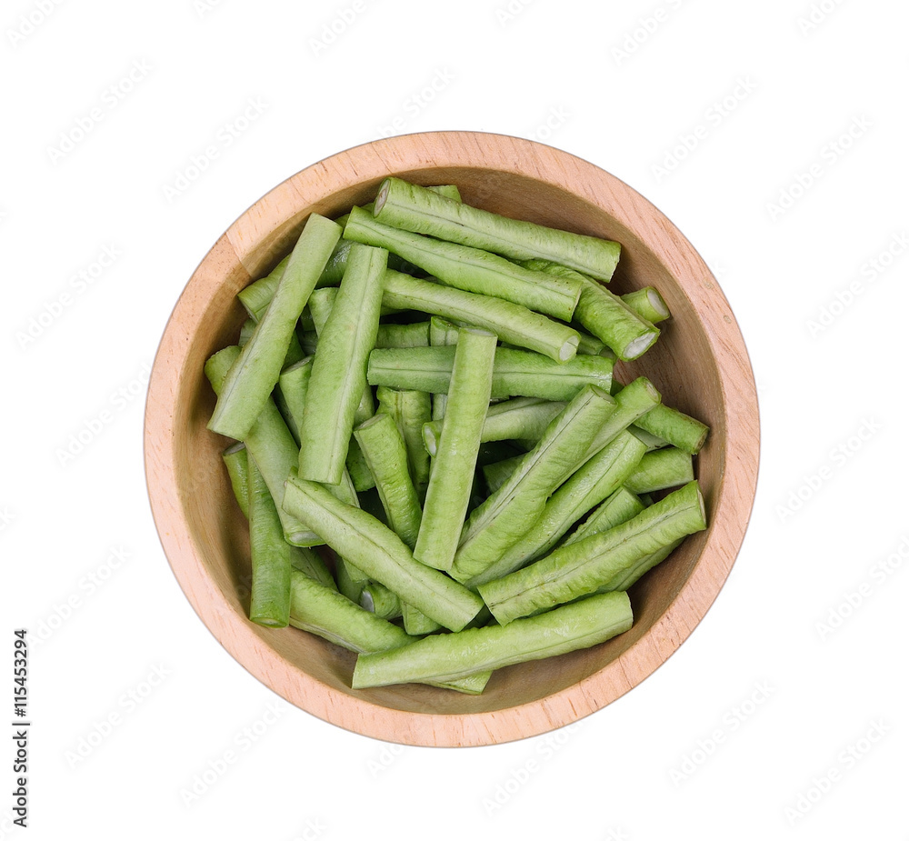 Top view yardlong bean in wood bowl isolated on white background