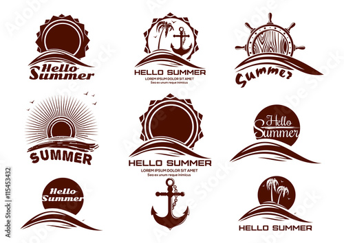 Sun and sea icons set. Hello Summer. Set of summer holidays labels with sun, sea, waves, dawn, seagulls, palm trees, anchor, ship's helm and  lettering. Vector icons isolated on white background