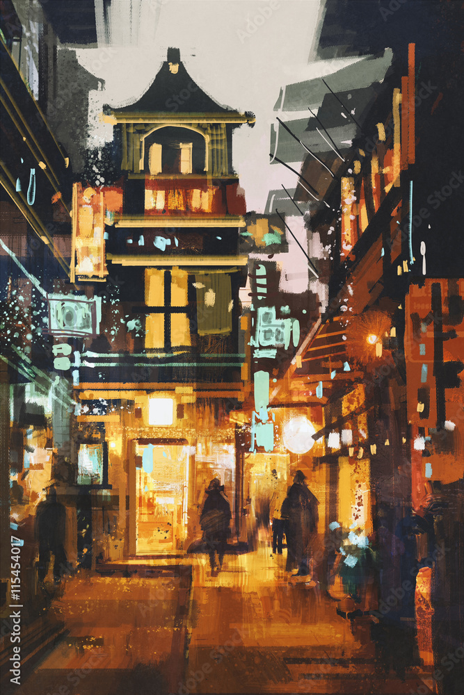 Fototapeta premium shopping place and cafes with illumination at night,illustration painting