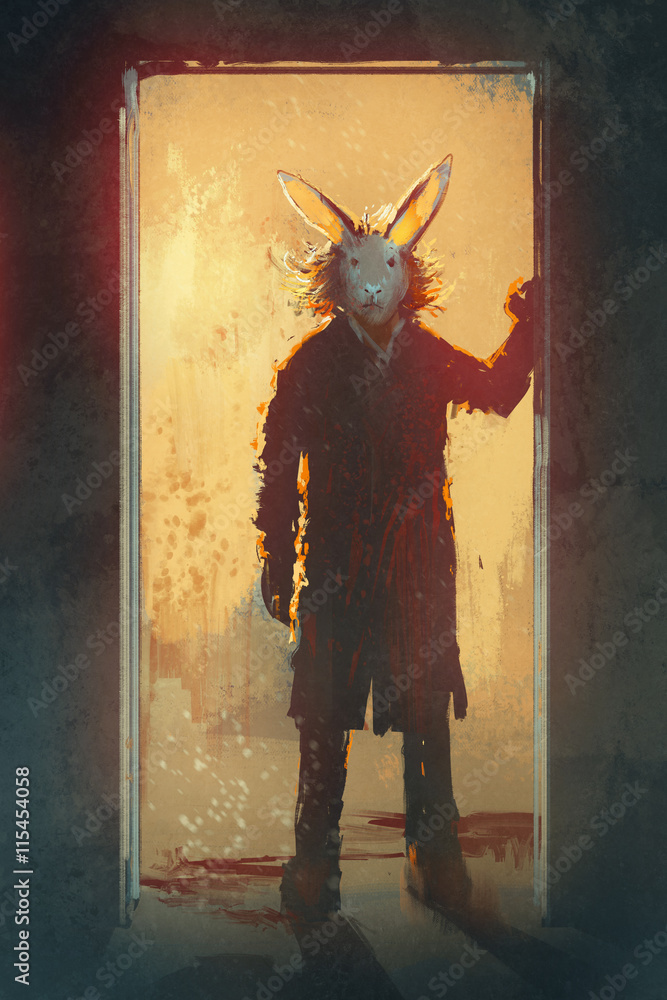 Fototapeta premium man with rabbit mask standing at the door,illustration,digital painting