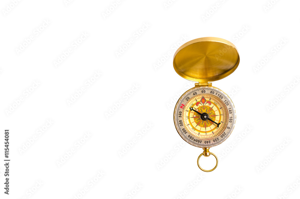 Close up, selective focus golden compass isolated on white backg Close up, selective focus golden compass isolated on white backg