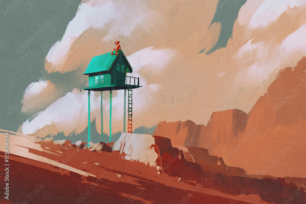 Fototapeta premium little green house on large boulders,illustration,digital painting