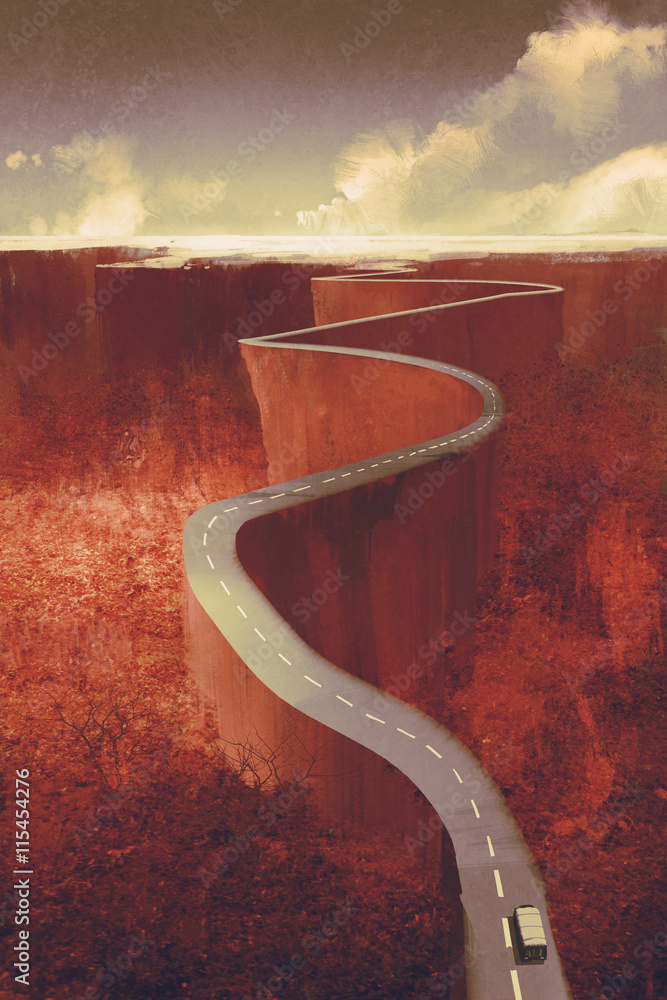 Obraz premium scenic drive,extreme winding road with cliff,llustration digital painting