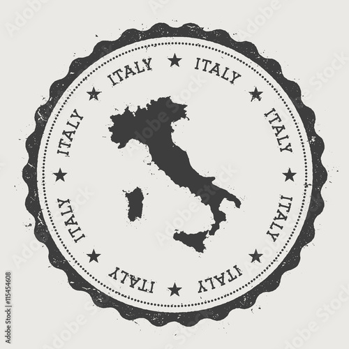 Italy hipster round rubber stamp with country map. Vintage passport stamp with circular text and stars, vector illustration.