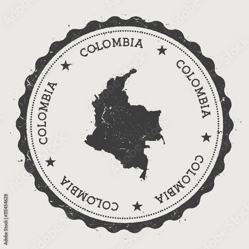 Colombia hipster round rubber stamp with country map. Vintage passport stamp with circular text and stars, vector illustration.