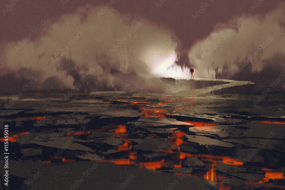 Fototapeta premium cracks in the ground with magma,man walking on the rock bridge with smoke,volcanic landscape,illustration painting