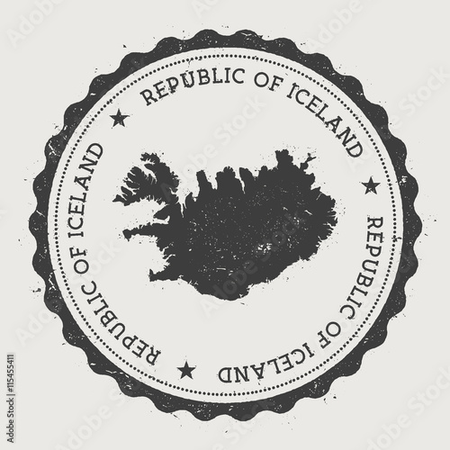 Vintage round rubber stamp featuring a map of Iceland with circular text and stars, designed in a hipster style.